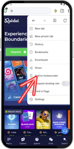 Rainbet mobile step 2