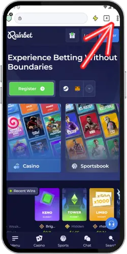 Rainbet mobile step 1