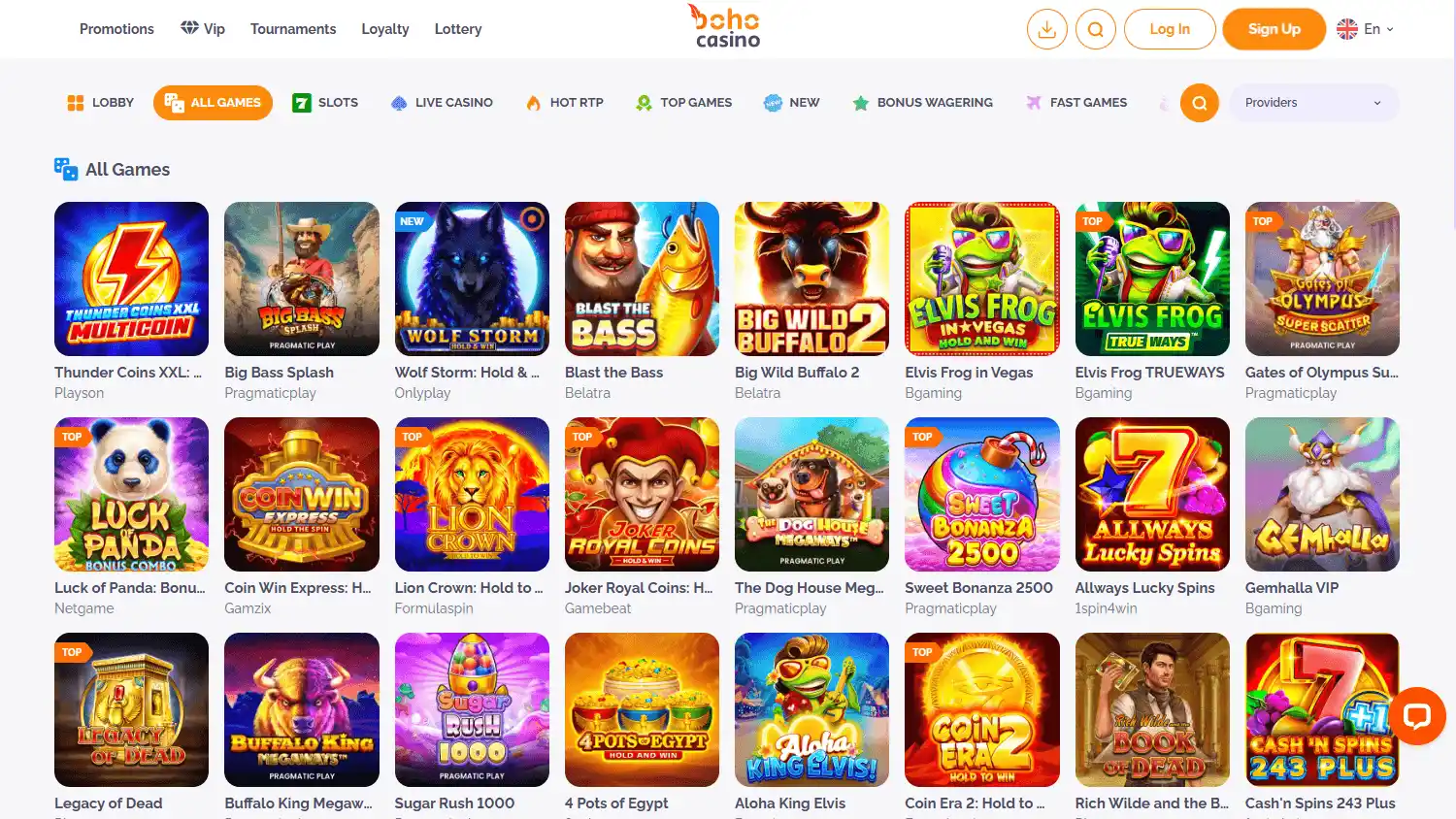 BOHO Casino game lobby desktop screenshot
