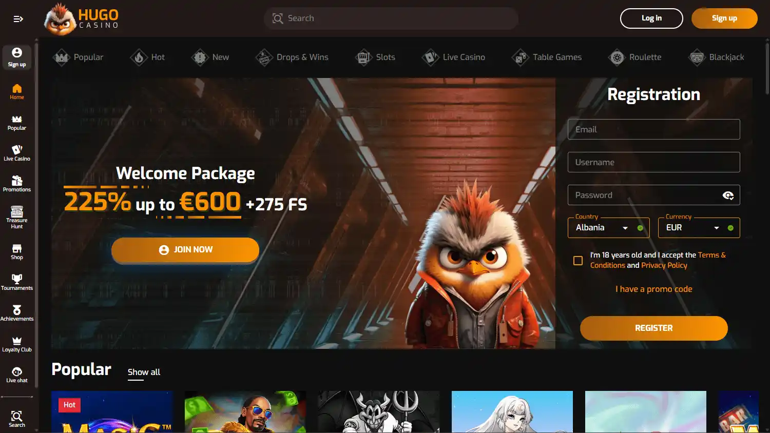 Hugo Casino homepage desktop screenshot
