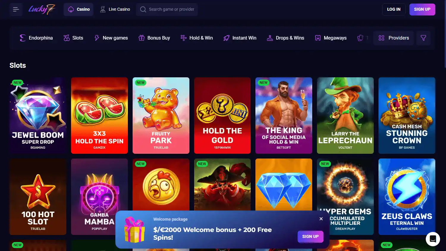 Lucky7even Pokies lobby screenshot