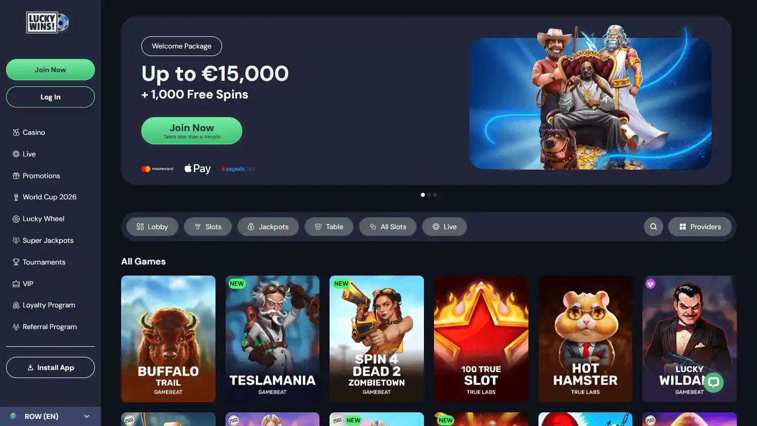 LuckyWins main casino lobby screenshot