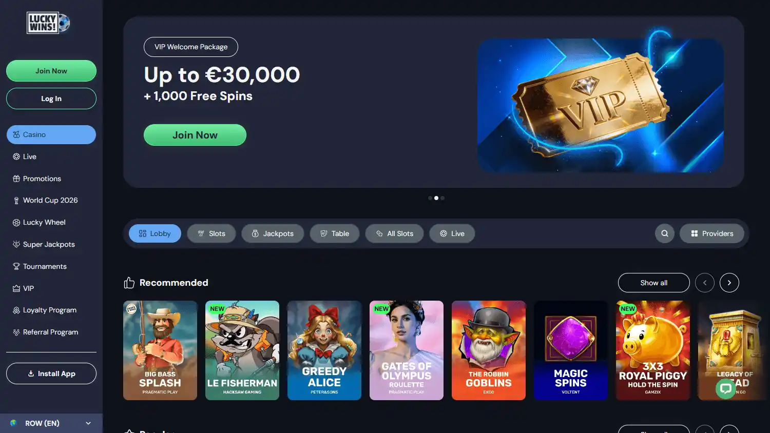 LuckyWins New Zealand homepage screenshot