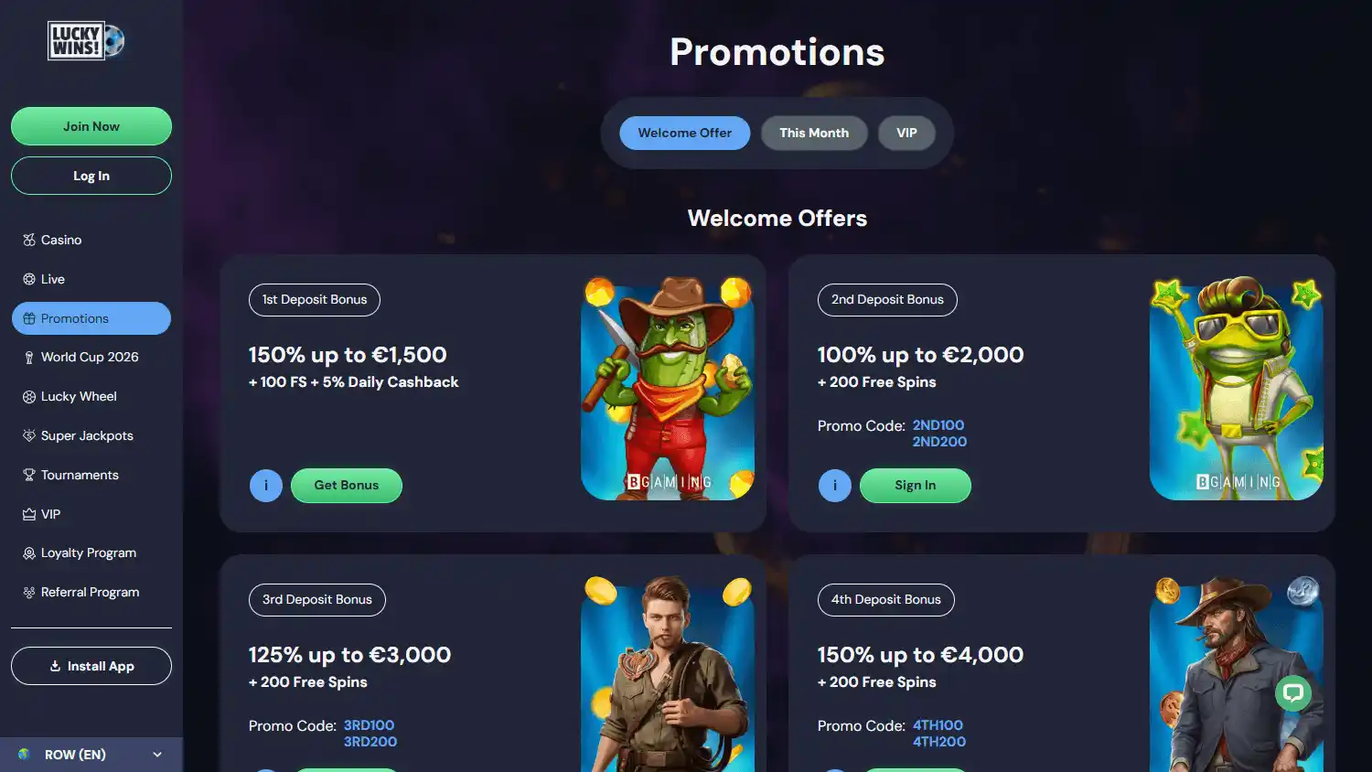 LuckyWins promotions page screenshot