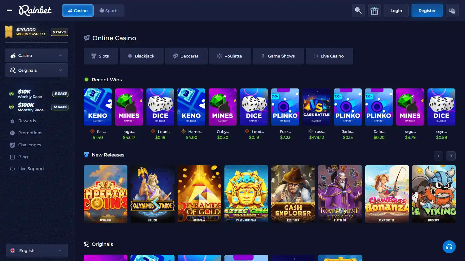 Rainbet casino lobby desktop screenshot