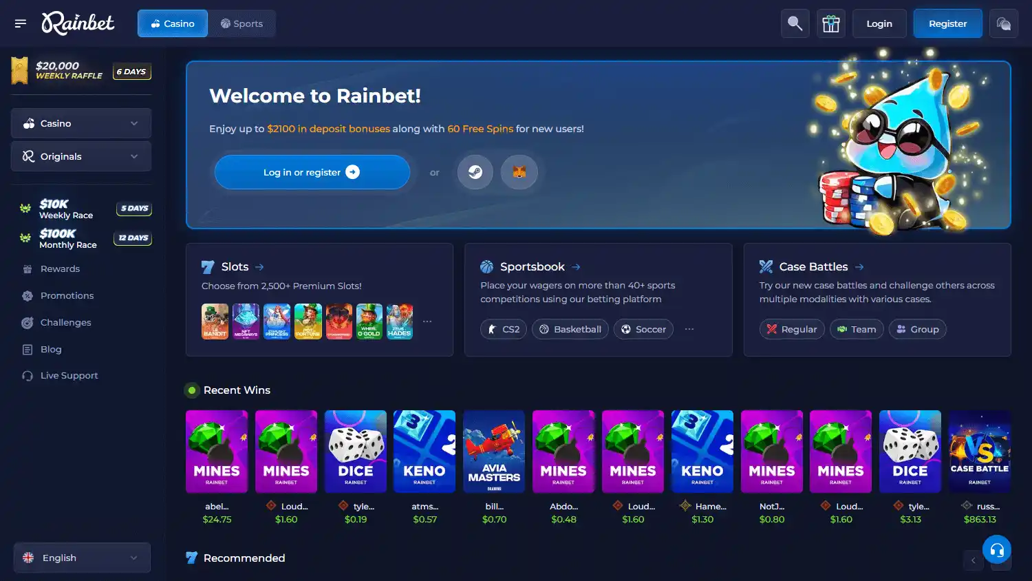 Rainbet homepage desktop screenshot