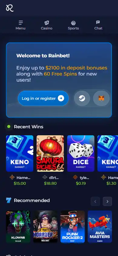 Rainbet casino mobile browser screenshot