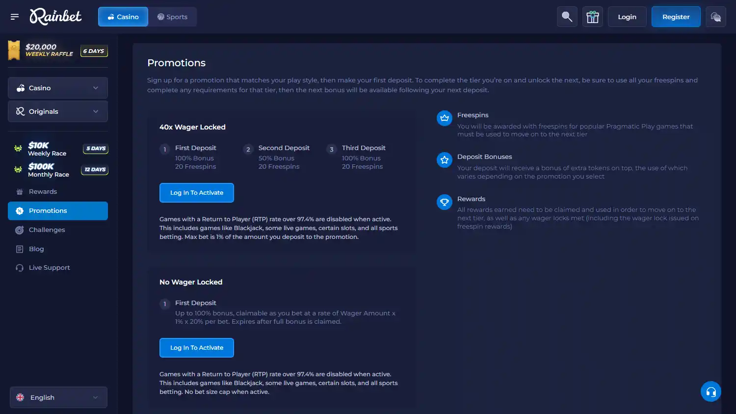 Rainbet casino promotions screenshot