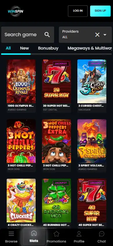 WinSpin mobile game lobby screenshot