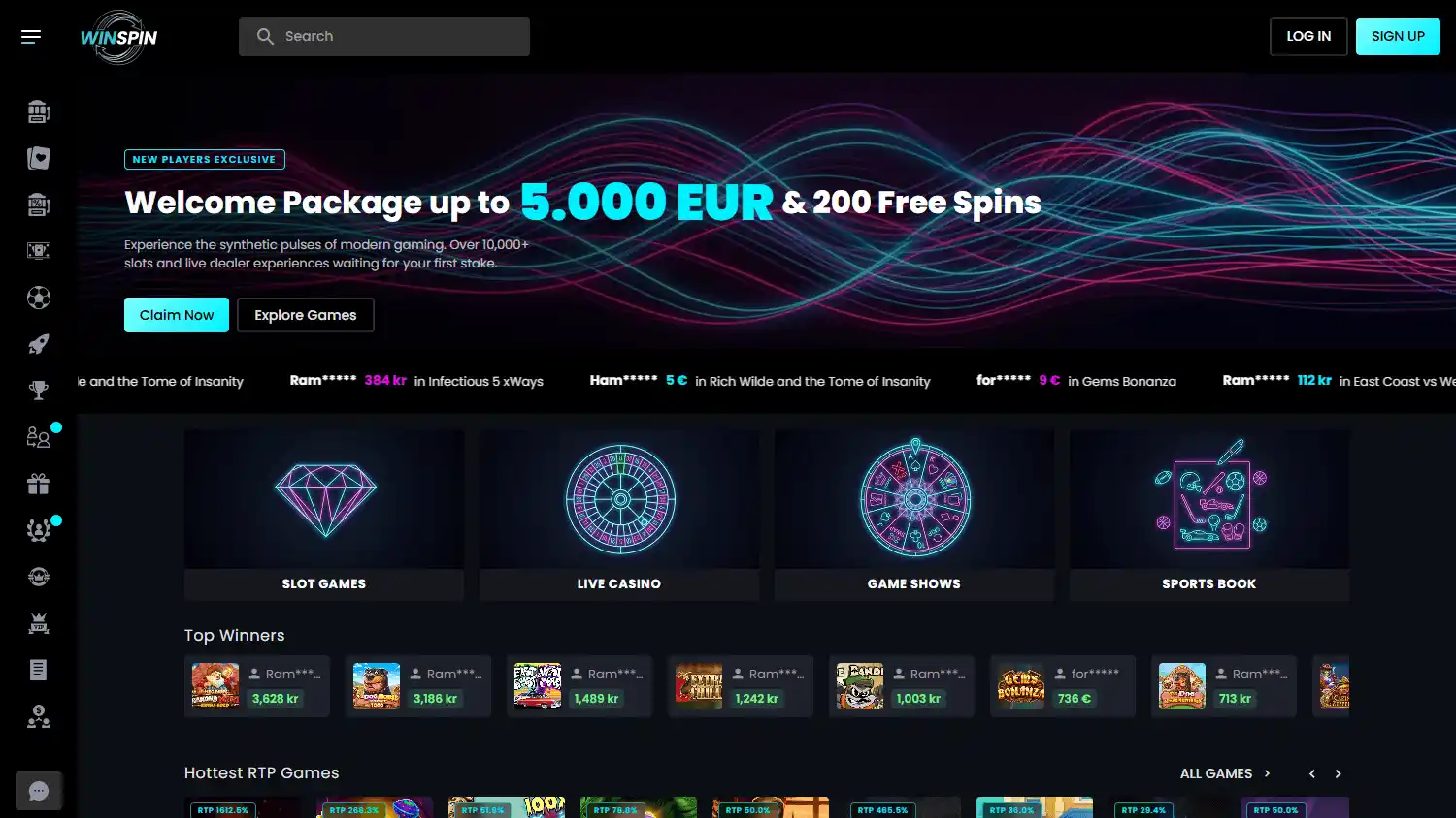 WinSpin homepage desktop screenshot