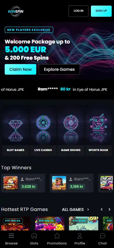 WinSpin mobile homepage screenshot