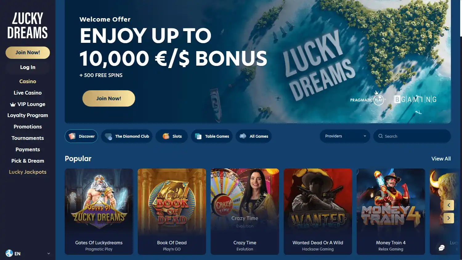 LuckyDreams homepage desktop screenshot