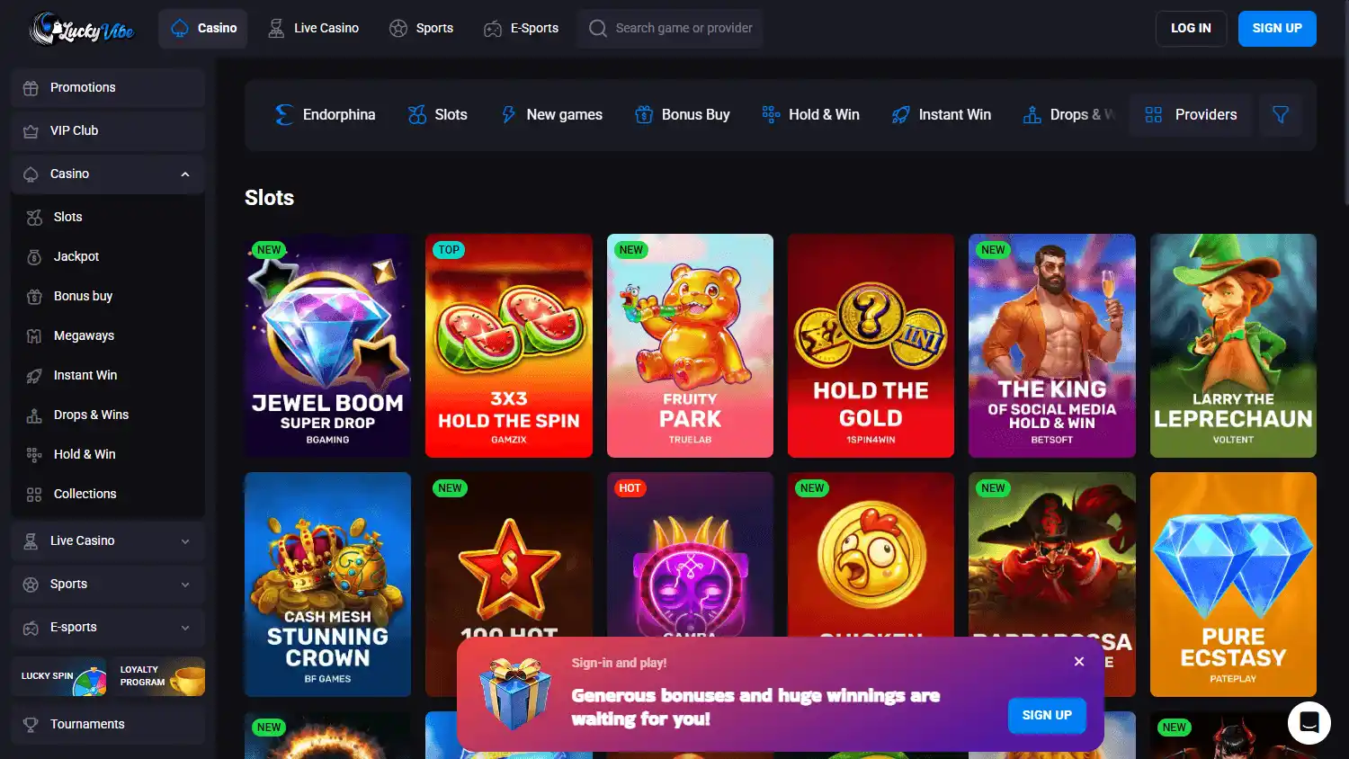 LuckyVibe Pokies lobby screenshot