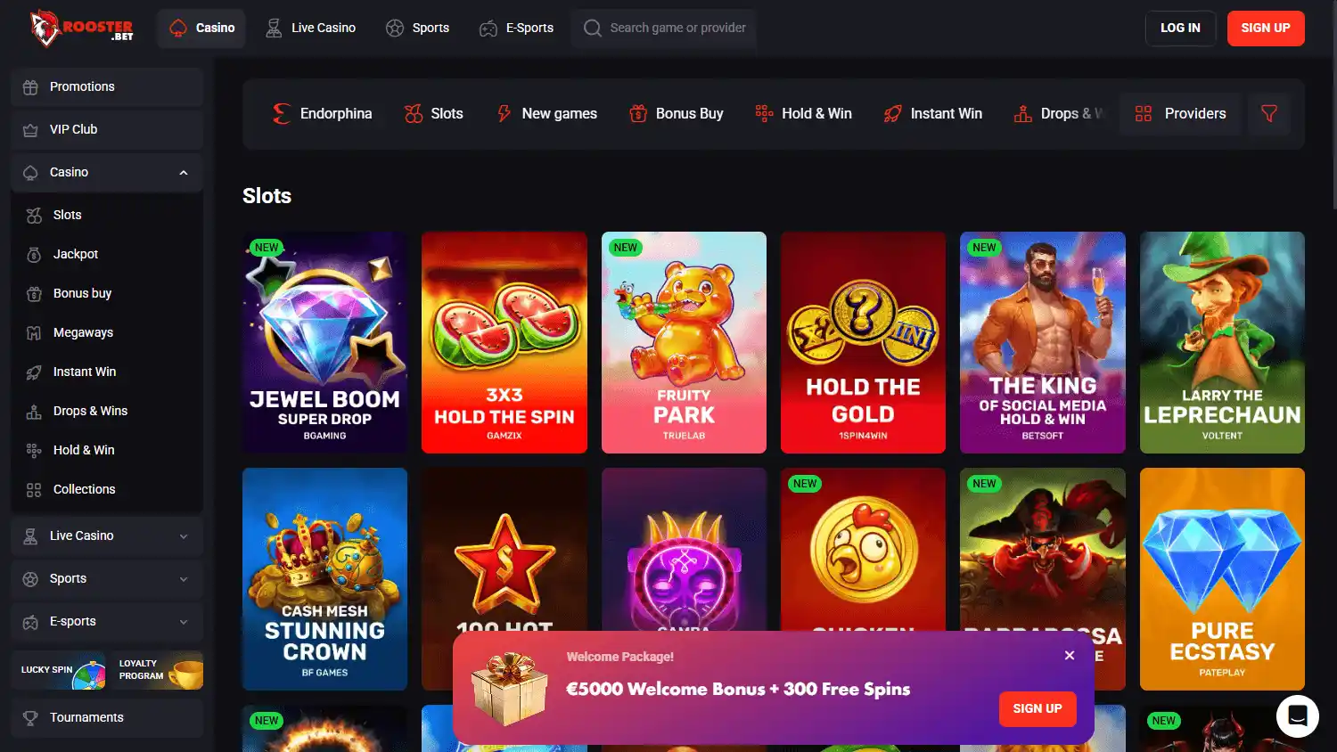 Rooster Bet casino game gallery