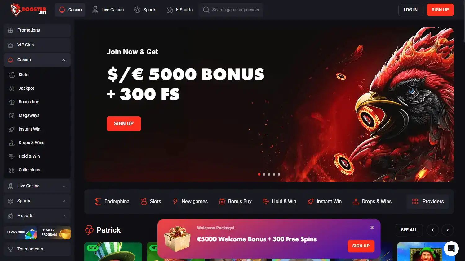 Rooster Bet casino homepage