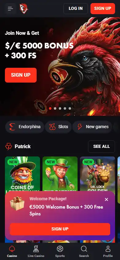 Rooster Bet casino mobile homepage