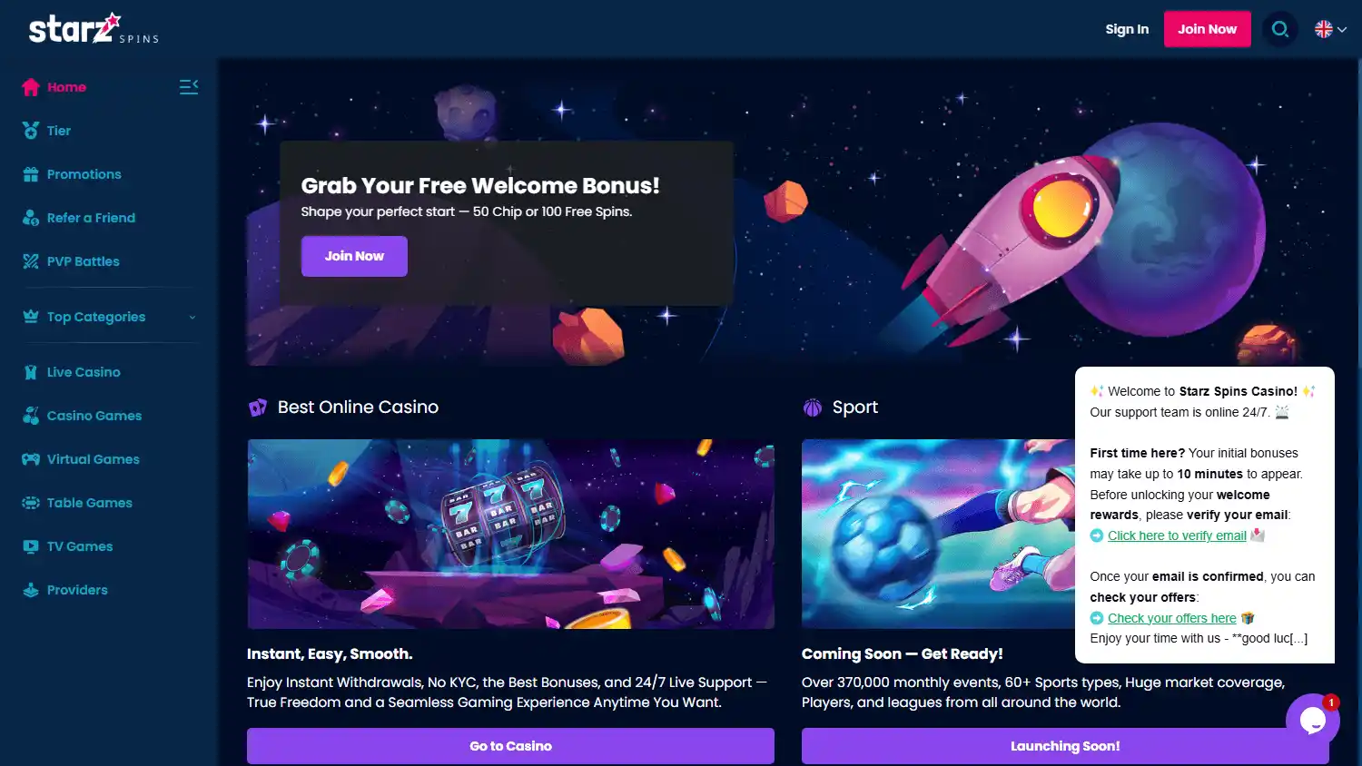 Starz Spins homepage desktop screenshot