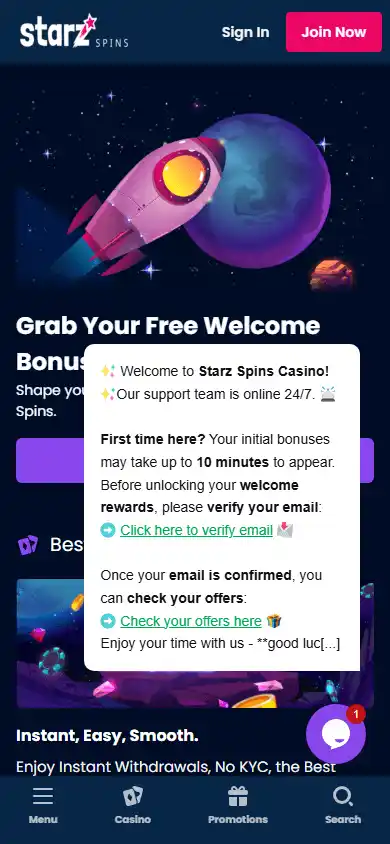 Starz Spins homepage mobile screenshot