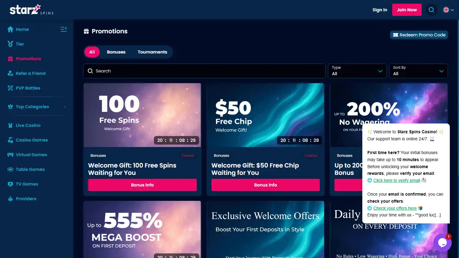 Starz Spins promotions page screenshot