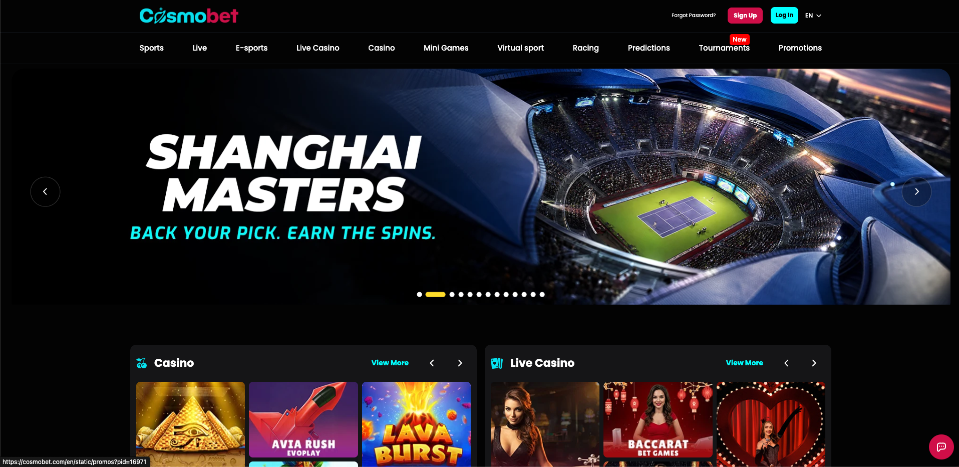 Cosmobet homepage desktop screenshot