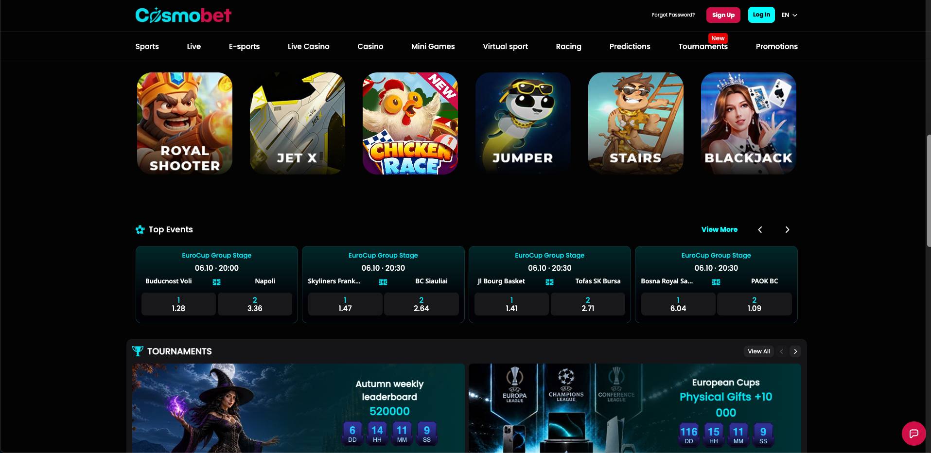 Cosmobet casino lobby desktop screenshot
