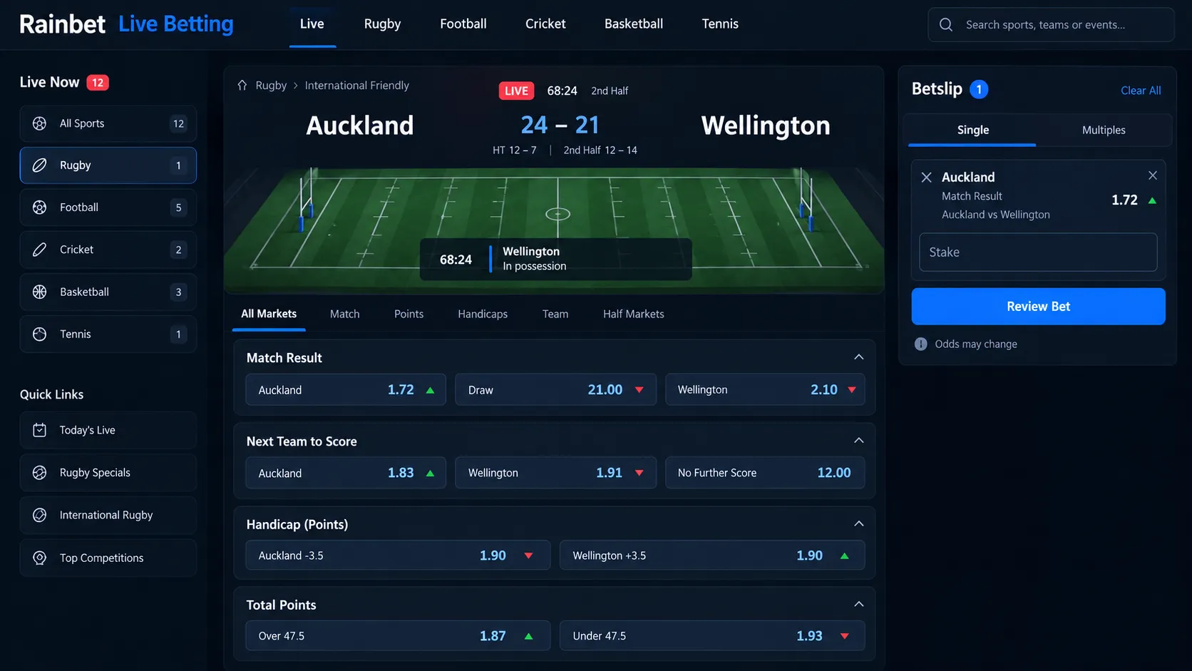 Rainbet live betting markets and betslip in New Zealand