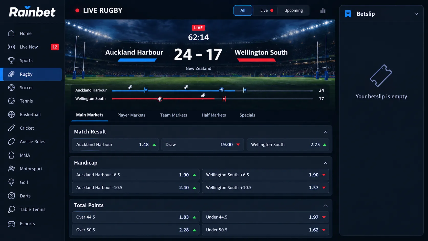Rainbet live rugby betting NZ markets and odds