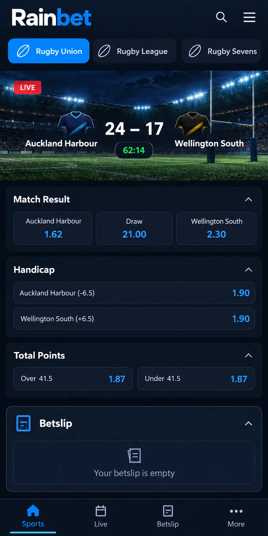 Rainbet rugby betting NZ mobile sportsbook interface