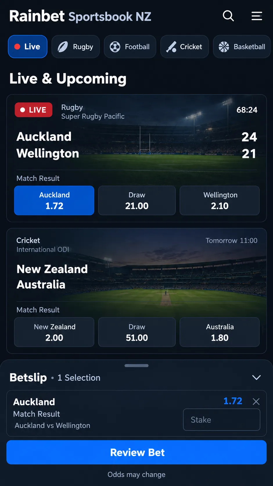 Rainbet Sportsbook NZ mobile betting interface